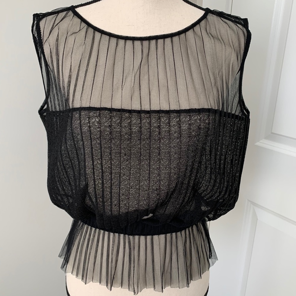 Stefanel Sheer Black Pleated Mesh Tank Top